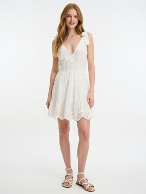 NWT Chelsea28 White Eyelet Tie-Shoulder Tiered Mini Dress